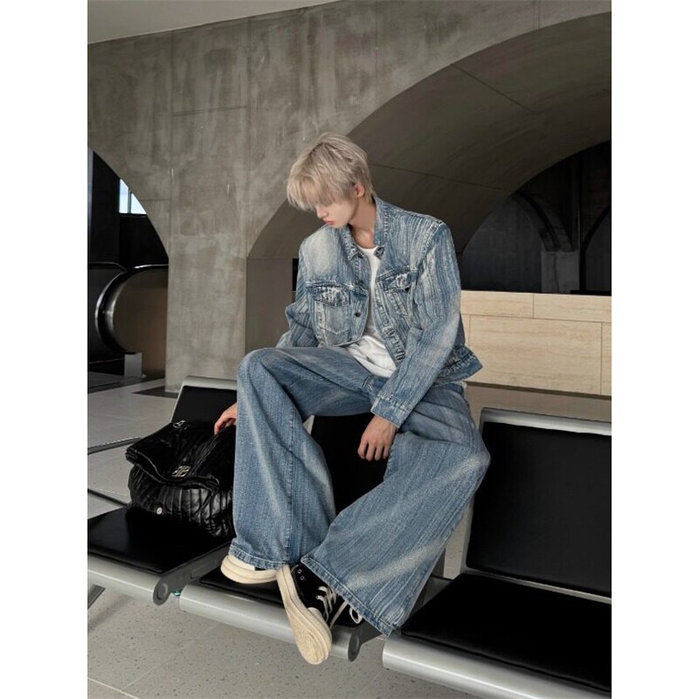 水洗牛仔套装垫肩夹克外套牛仔裤KZ66裤子特P63JK67外套特P83,男装牛仔裤,星座908-1