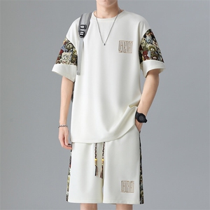 刺绣T恤一套潮夏季拼接男士休闲运动套装男宽松A266-TZ8807-P47