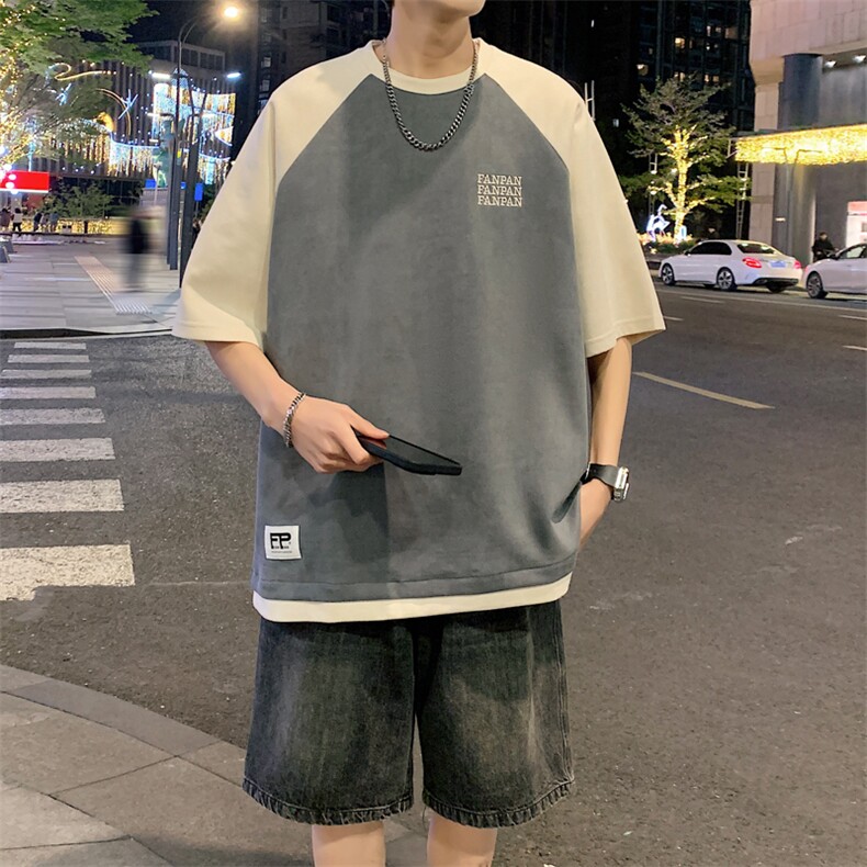2026夏装男圆领拼色拼接麂皮绒五分袖短袖T恤T800/P35灰色,男装T恤,电商A094