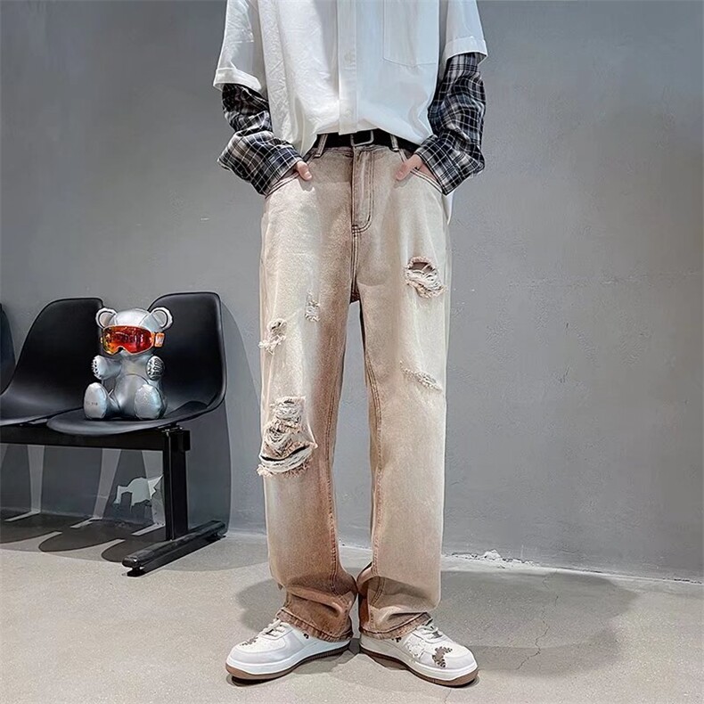 美式高街水洗做旧破洞渐变牛仔裤男ins复古宽松休闲裤N08087-P50,男装牛仔裤,星座308B-1