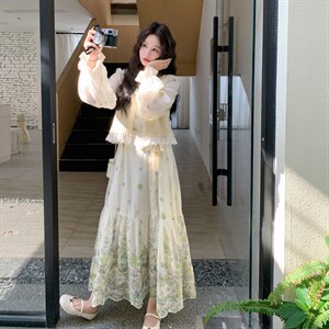 26春新款现-度假风拼接兰花针织开衫连衣裙套装2629-P200K328图片