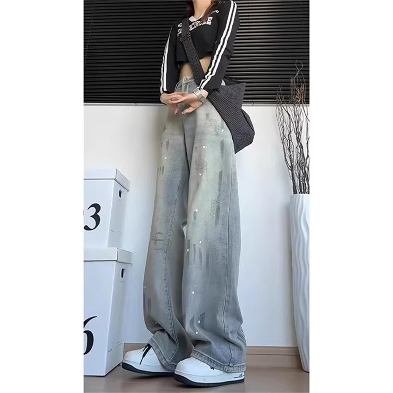 春季新款美式复古潮牌设计泼墨阔腿宽松直筒牛仔裤男L9129-P48,男装牛仔裤,星座1008