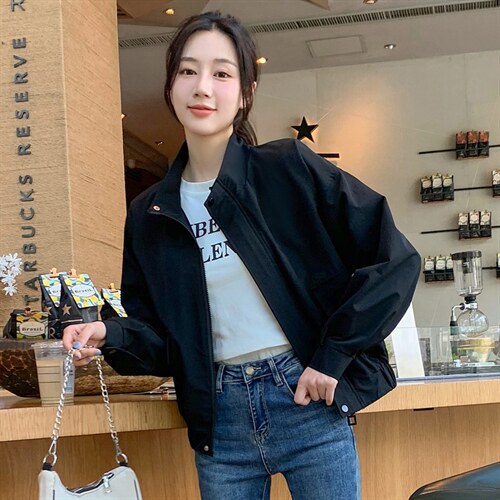 小个子纯色立领夹克拉链上衣女2022秋新款时尚百搭休闲通勤短外套,女装短外套,辉之琳