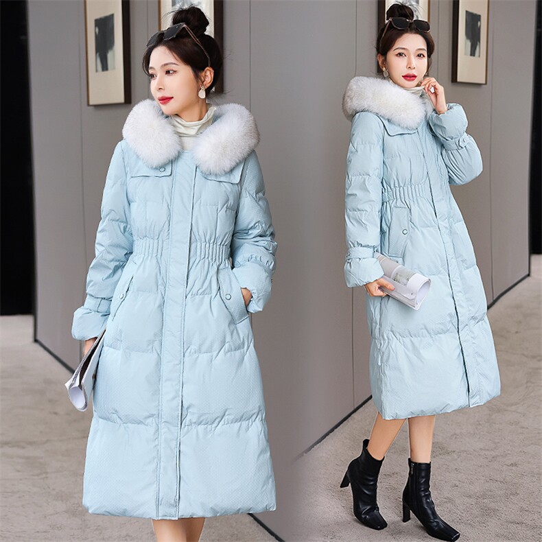 羽绒服新款2022年女装腰间抽绳修身可脱卸真狐狸毛领长款90白鸭绒图片