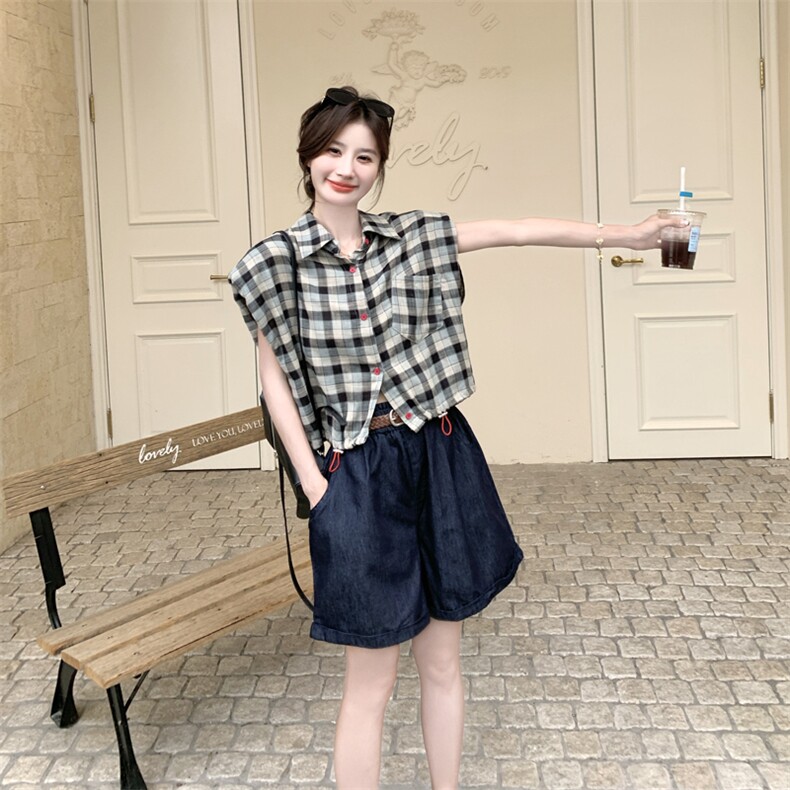 慵懒风休闲显瘦减龄套装女2025夏新款格子衬衫上衣牛仔短裤两件套,女装套装/套裙,2C266