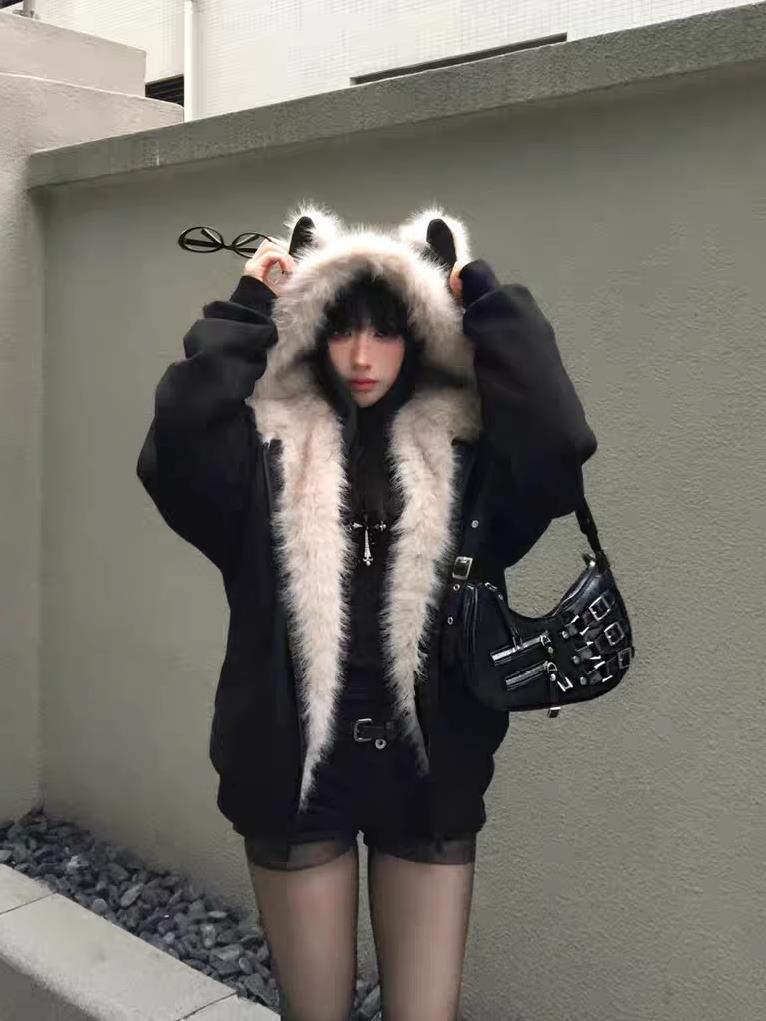 网图座山雕秋冬季连帽猫耳朵棉衣男女情侣装棉服外套潮流特P99,男装棉衣,电商C306-1