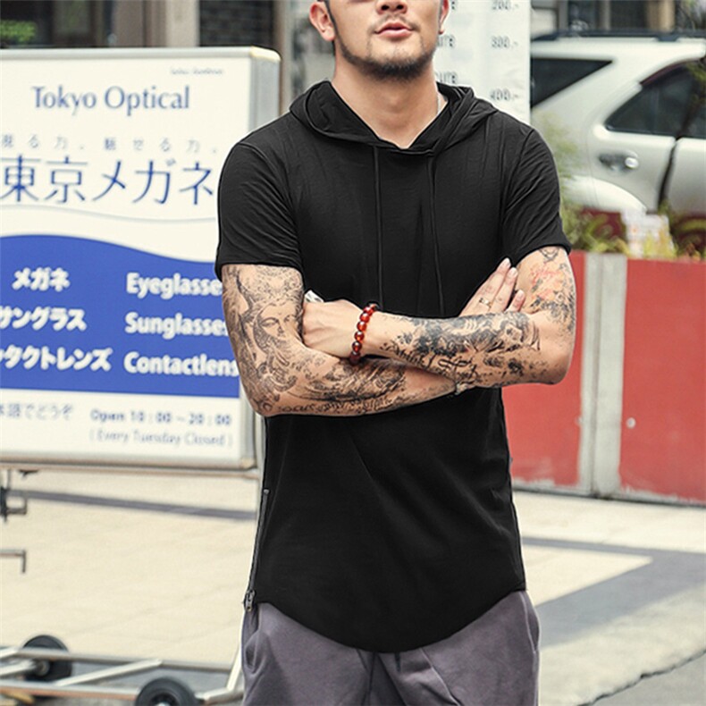 新款外贸欧美纯色侧拉链卫衣男下摆圆弧嘻哈风男士卫衣短袖潮,男装T恤,星座1705-1