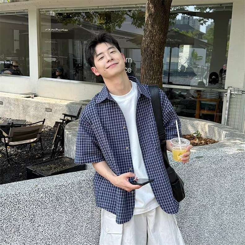 夏季青少年格子短袖衬衫男女生2025新款日系复古百搭宽松休闲衬衣,男装T恤,星座1210-1