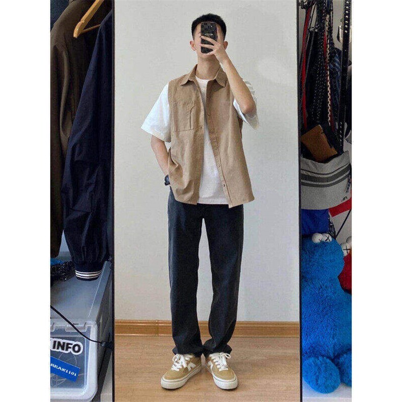 日系复古假两件工装短袖衬衫男女休闲宽松衬衣外套潮LB644-p36,男装T恤,星座1008