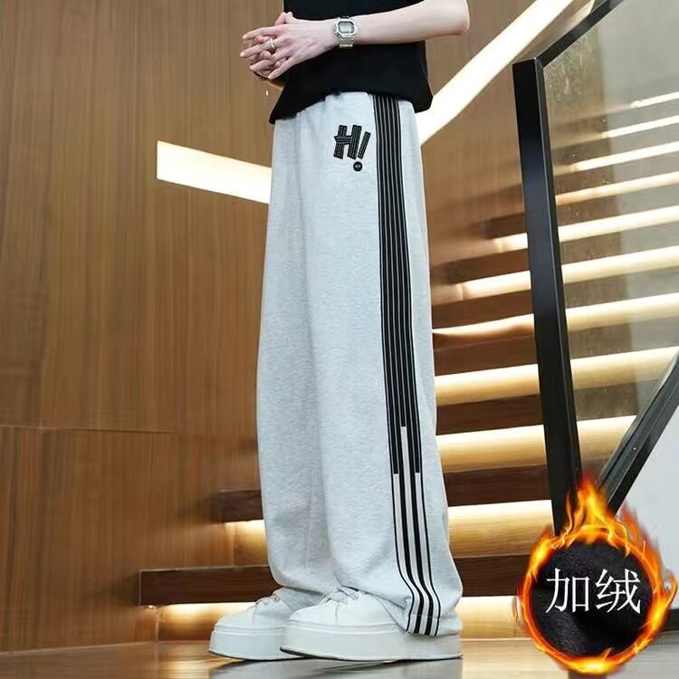 韩版秋冬休闲阔腿裤男款加绒加厚裤子印花潮流宽松卫裤百搭运动裤图片