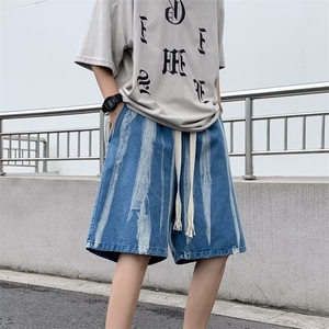 美式高街牛仔短裤男韩版潮流拼色2026夏季ins宽松五分裤RK687-P37图片