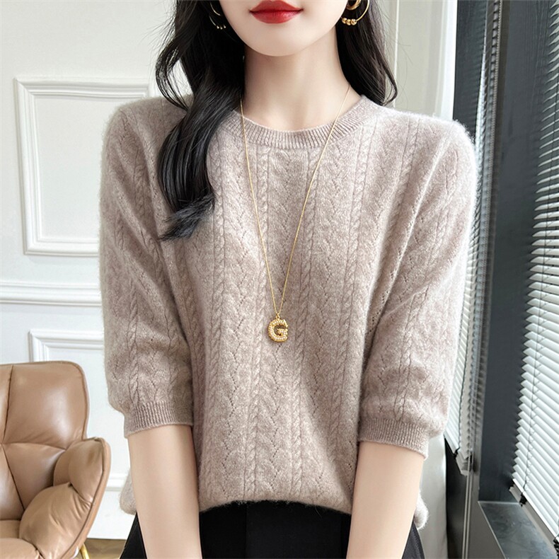 春装洋气显瘦羊毛衫女圆领短袖毛衣上衣内搭针织打底衫T恤1，女装羊毛衫，哲奥羊绒