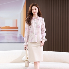 2026春新款新中式印花衬衫女长袖盘扣喇叭袖花边领衬衣，女装衬衫，板酷