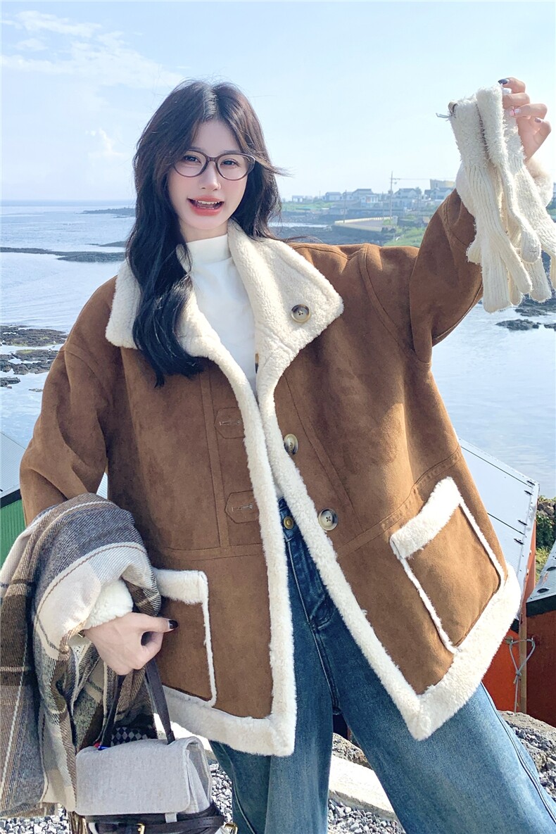 双面穿立领羊羔绒外套女美拉德皮毛一体短款麂皮绒外套,女装羊羔毛/颗粒绒,诺蝶
