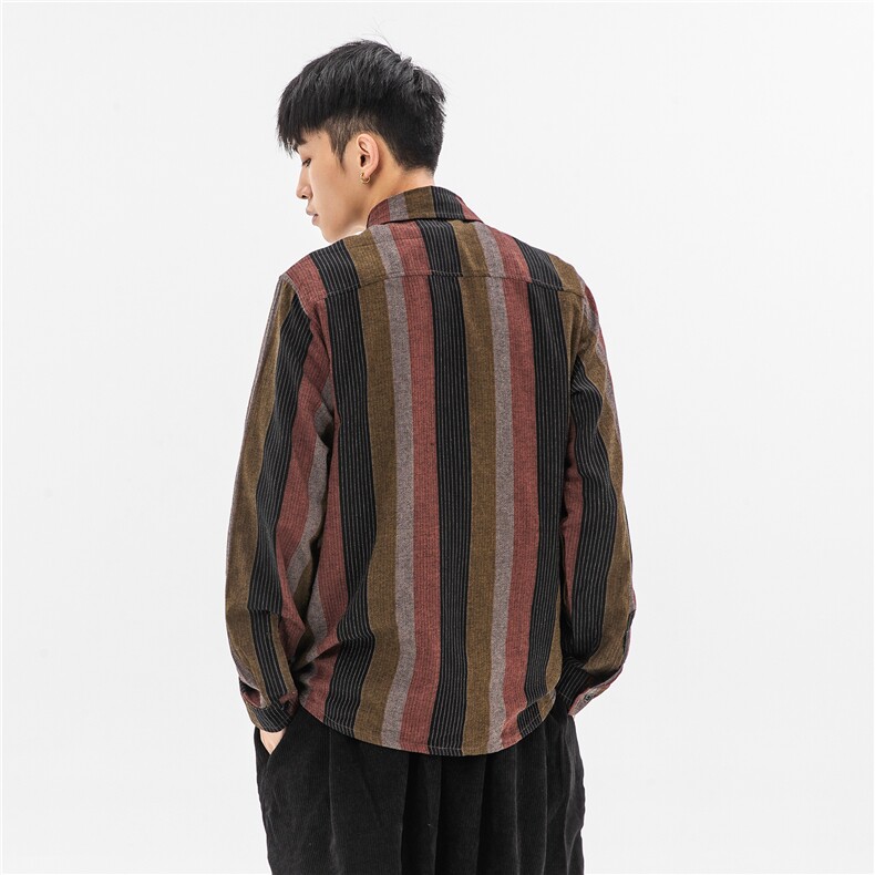 20秋冬大码中国风日系港风文艺中性衬衫上衣外套亚麻条纹C41/P65,男装衬衫,钱塘713