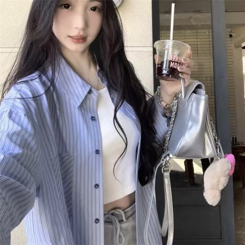新款法式条纹衬衫POLO领长袖百搭,女装衬衫,东正羊绒