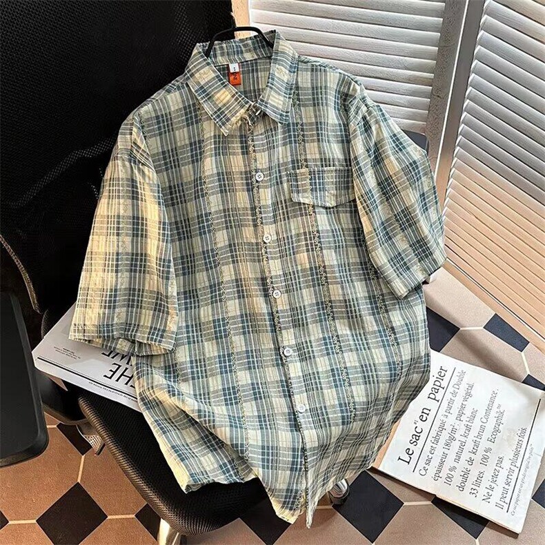 2025新款美式格子短袖衬衫潮牌休闲衬衣上衣青年现货W8586-P30,男装衬衫,星座512-4