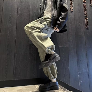 潮牌嘻哈水洗牛仔裤男款春秋季美式复古宽松直筒阔腿工装长裤图片