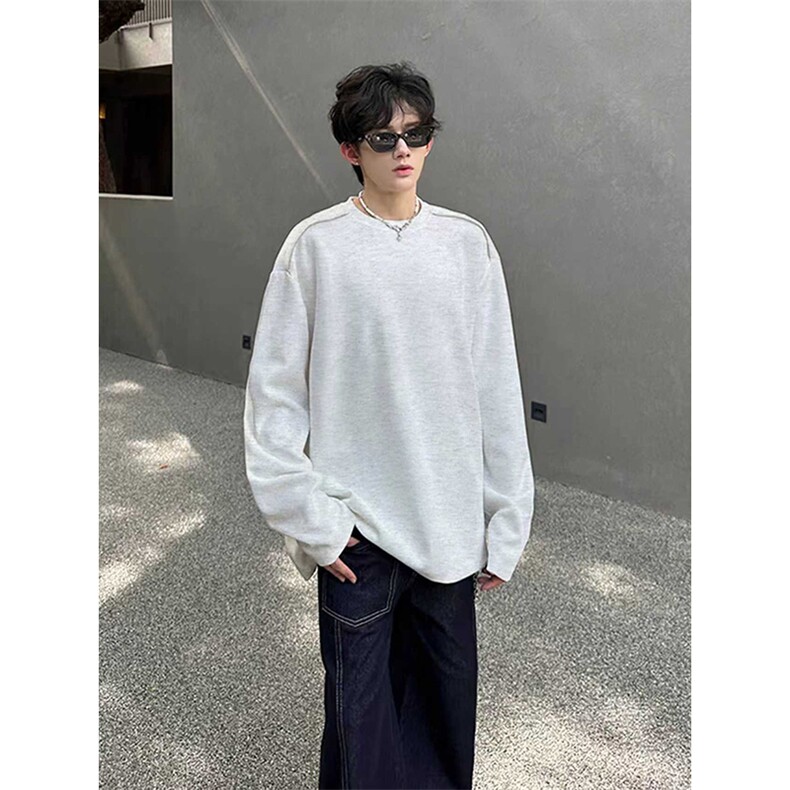 抖音得物高品质26春装设计感长袖打底衫纯色拉链肩圆领卫衣W123,男装T恤,电商A486