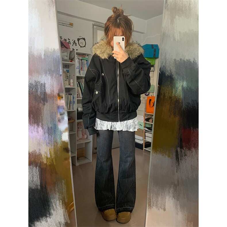 现货重磅boxy短款棉衣座山雕大毛毛领男女棉服水洗工装厚外套,男装棉衣,电商A443