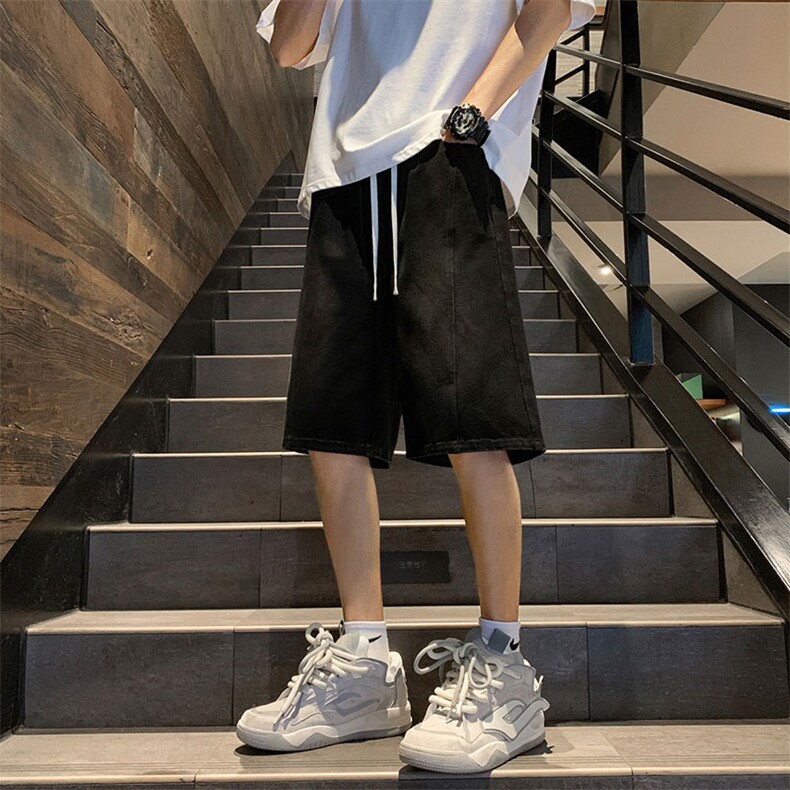 美式复古牛仔短裤男宽松直筒休闲抽绳港风潮流裤子DK8482-特价P32,男装牛仔裤,电商A007