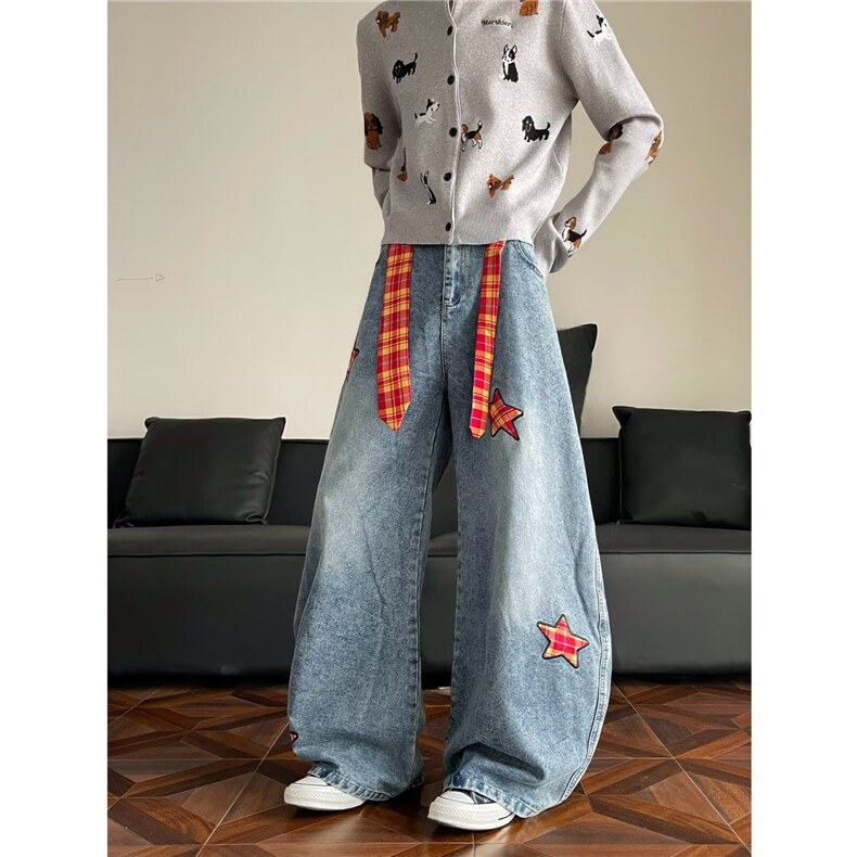 美式复古星星贴布绣带格纹腰带弯刀牛仔裤阔腿裤子NZ801-P55，男装牛仔裤，星座308B-2