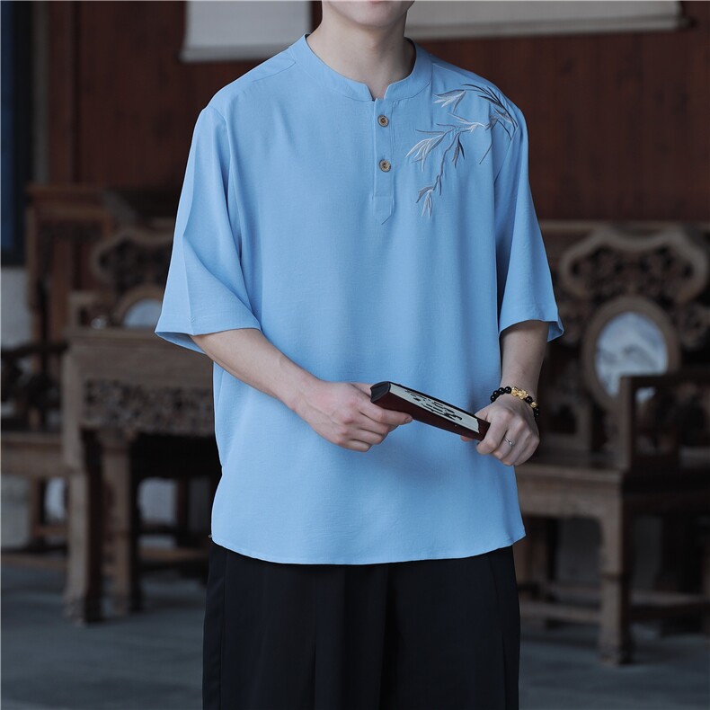 新款夏季冰丝立领短袖凉感风刺绣新中式大码垂感T恤男T812P55,男装T恤,电商A021A