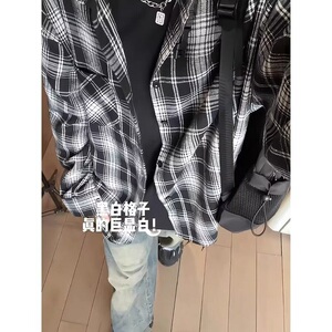 黑白格子衬衫男春秋季2025新款美式复古cleanfit外套潮牌大码衬衣图片