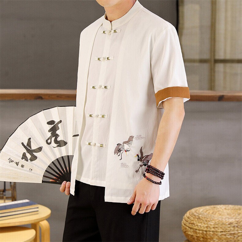 2025新款中式盘口长袖上衣潮流时尚汉服风刺绣假两件，男装民族服装，星座1206（原A206）