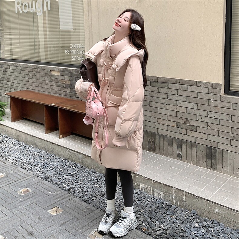 粉色牛角扣羽绒服女2025冬季新款中长款连帽加厚减龄学院风面包服,女装羽绒服,2C205