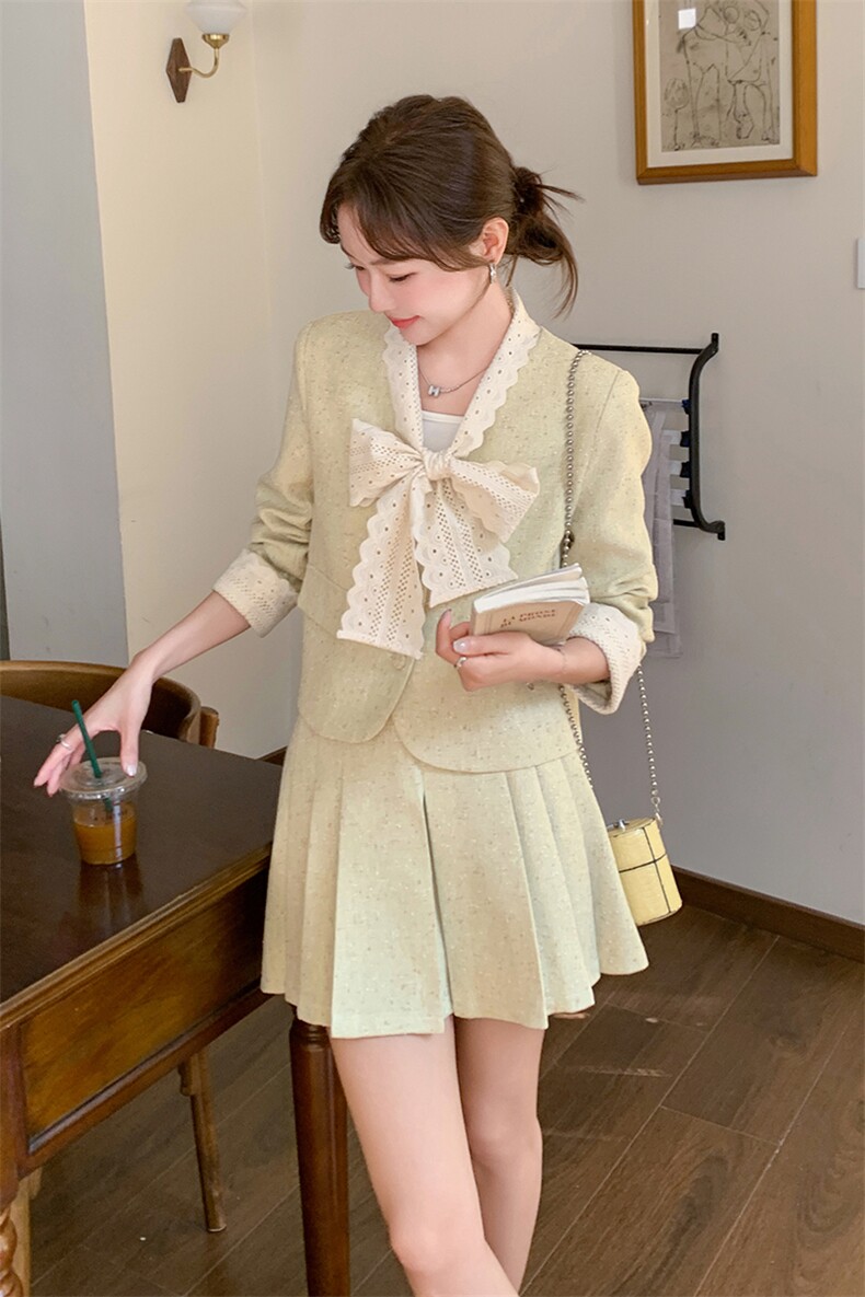 法式小香风小个子穿搭一整套女2025春新款蝴蝶结外套百褶裙两件套,女装套装/套裙,浙宝069