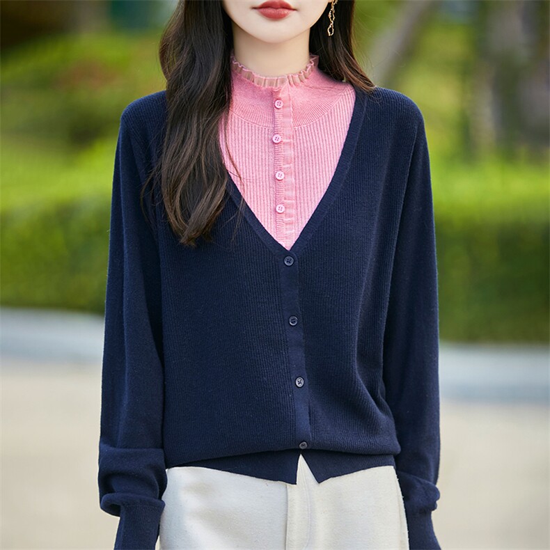 假俩件拼色半高领毛衣开衫女24秋冬新款洋气外套针织打底精纺毛衫,针织衫/毛衣,暖烁羊绒