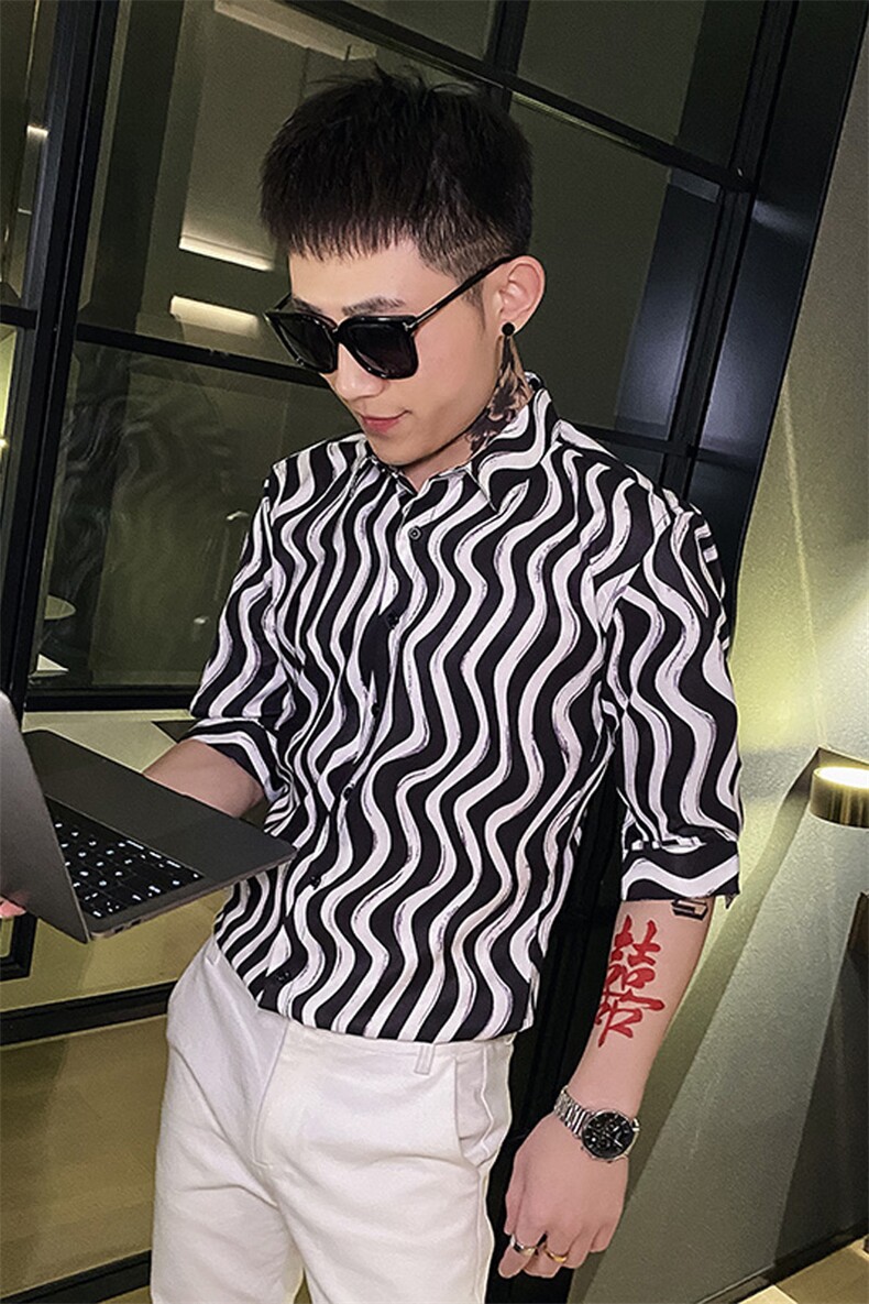 312A-111-P55新款社会小伙中袖衬衫韩版潮流男士五分袖衬衣B,男装T恤,星座312A-5