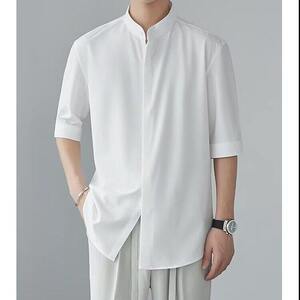 夏季薄款新中式立领短袖衬衣大码休闲宽松半袖衬衫男免烫冰丝上衣图片