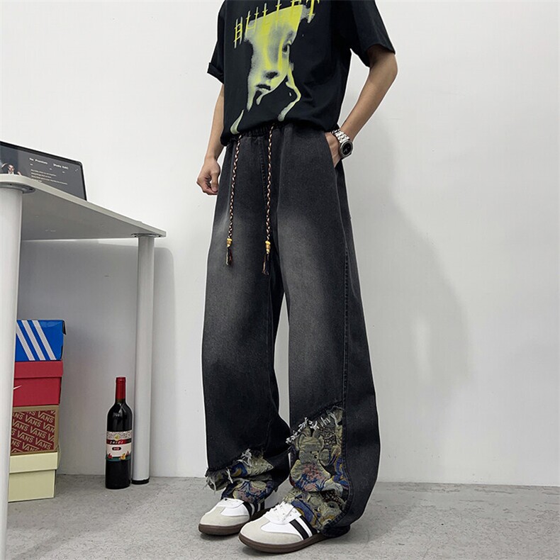 新中式小熊拼接牛仔裤男春夏潮牌痞帅直筒裤美式阔腿裤N9120-P45,男装牛仔裤,星座308B-1