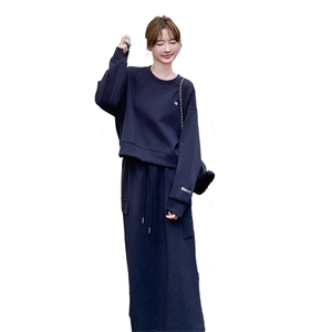 藏青色休闲时尚卫衣套装裙女2025春季新款韩系慵懒风半身裙两件套图片