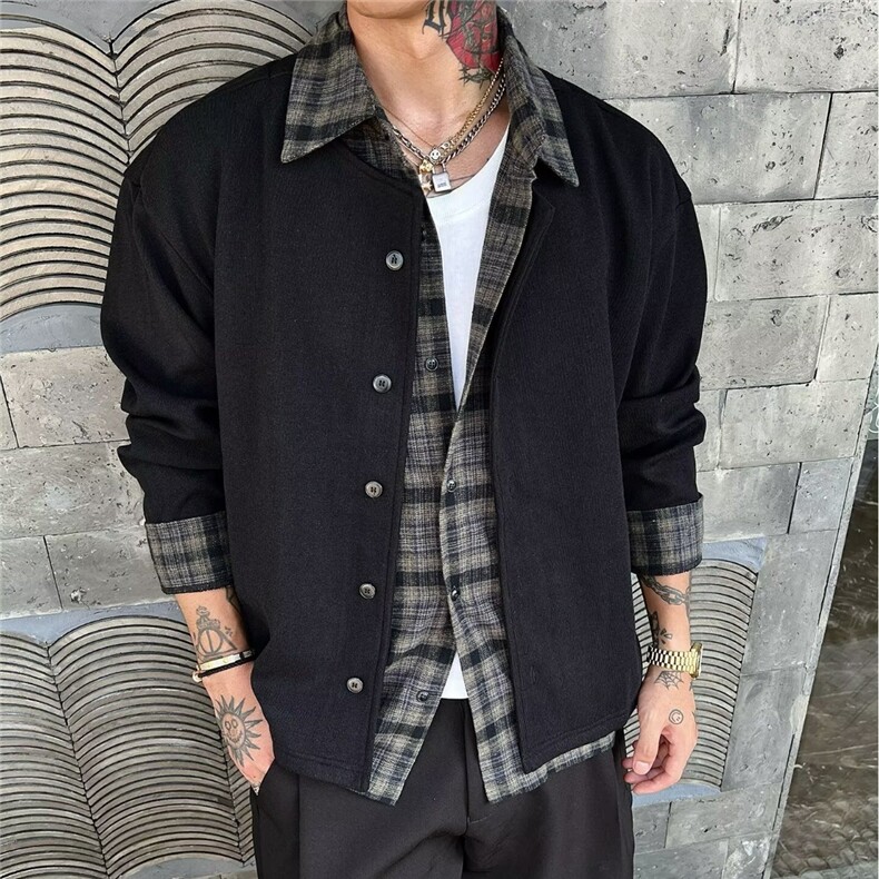 美式复古潮牌假两件拼接衬衫男春秋季高级感cleanfit针织开衫外套,男装衬衫,星座506A