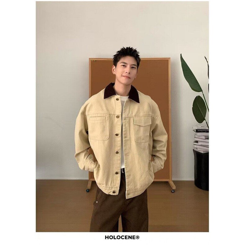 日系复古翻领底特律工装夹克外套男女春季重磅撞色拼接棒球服外套,男装夹克,星座218-1（原230）