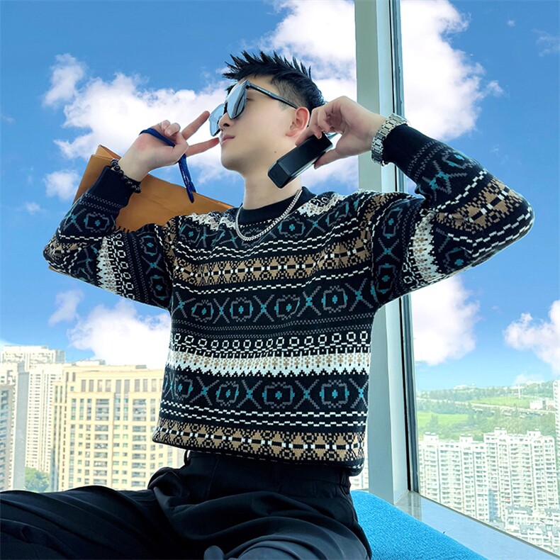 AM309/P85控115冬季社会小伙民族风百搭保暖撞色打底毛衣男蓝咖首,男装T恤,星座305B-1