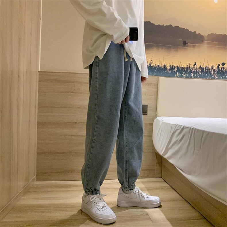 牛仔裤男ins港风束脚裤子宽松百搭潮牌九分裤韩版潮流老爹裤图片
