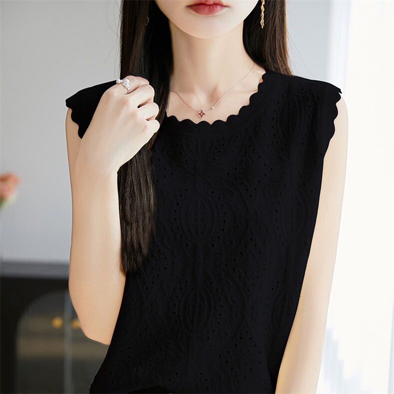 夏季精纺羊毛衫针织背心女花边圆领镂空无袖上衣宽松内搭吊带打底，女装背心吊带，吉高羊绒