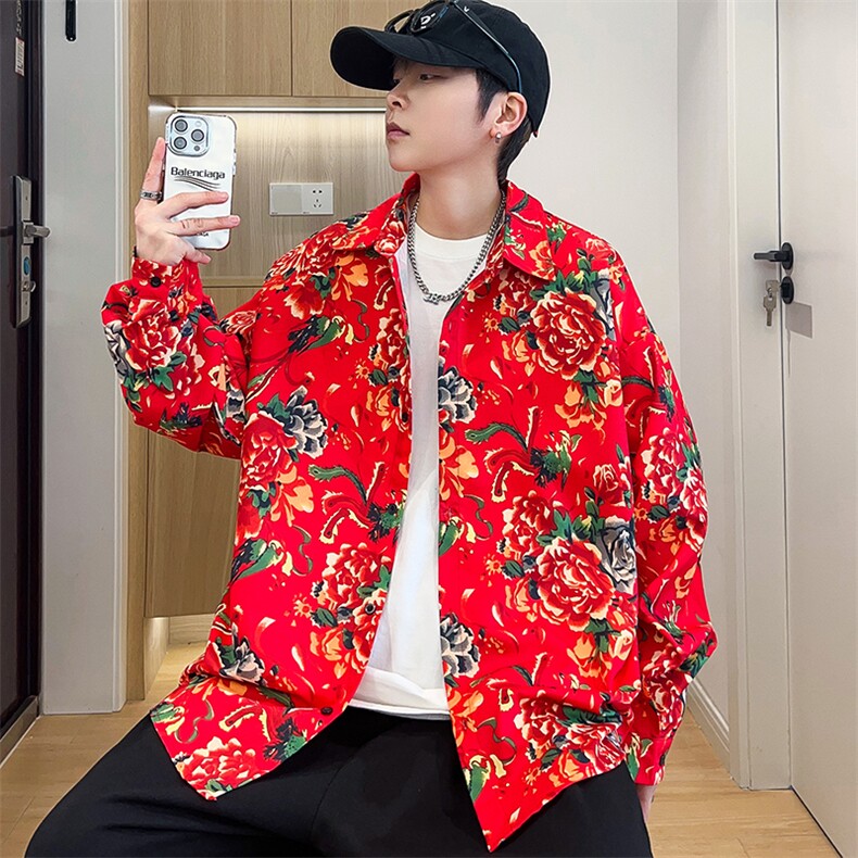 C1长袖男士宽松东北大花港风衬衣外套民族特色团队服，男装民族服装，星座115A(原星座507）