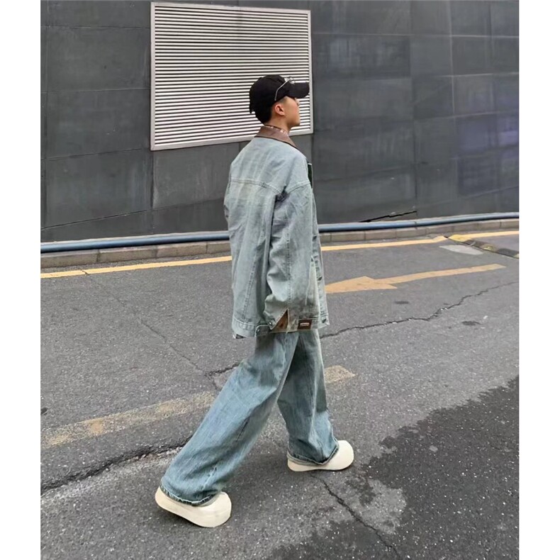美式复古pu皮拼接牛仔外套男女春秋冬潮牌街头宽松BF翻领工装夹克,男装工装外套,四季星座505