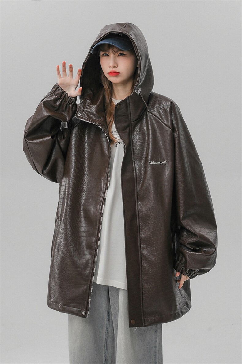 中性连帽鳄鱼纹PU皮衣大码情侣休闲冲锋衣夹克男JK8744P90控128,女装短外套,星座226-1