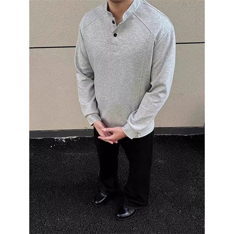 果冻棉美式亨利领卫衣男款秋季高级感正肩长袖t恤boxy内搭打底衫,男装Polo衫,星座506A