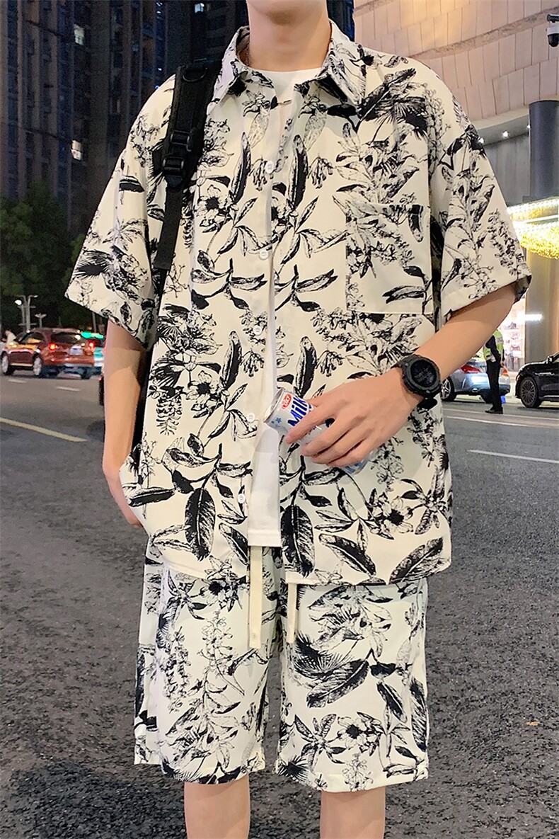 特批P53无差价夏季水墨印花冰丝凉感短袖衬衫短裤男CD2257+DK1847,男装牛仔裤,电商A001