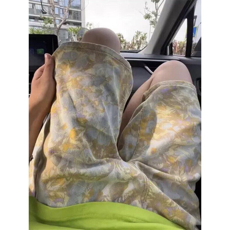 复古扎染碎花工装短裤男夏季潮胖人宽松重磅直筒五分裤N5183,男装牛仔裤,星座1116A（原606A-3）