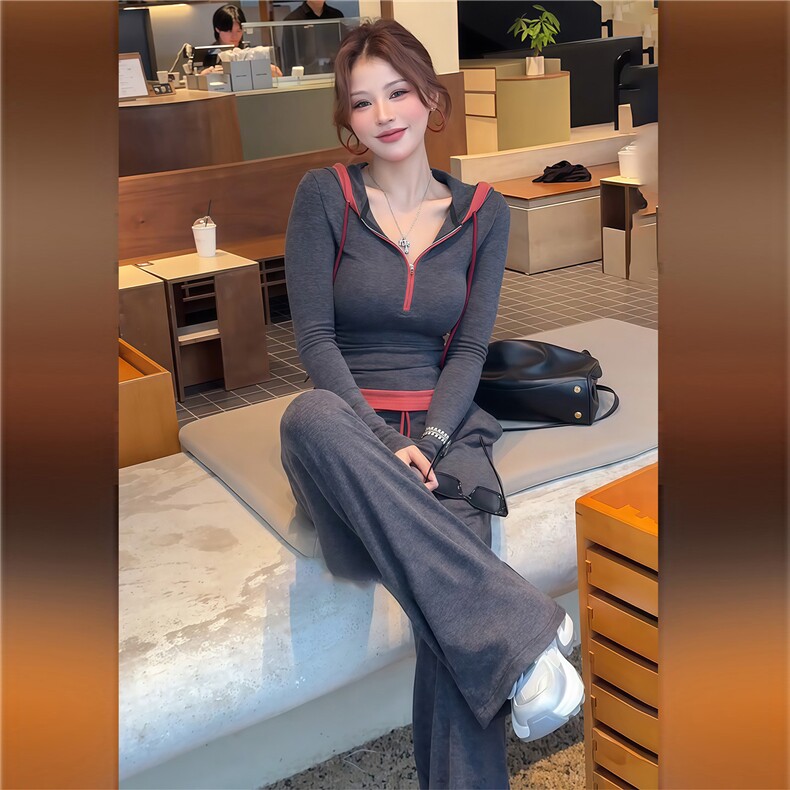 慵懒风一整套穿搭女春季时尚休闲撞色拼接长袖上衣阔腿长裤两件套,女装套装/套裙,江南