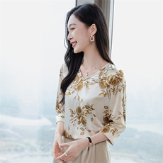 五分袖真丝衬衫女上衣T恤2026春夏装中袖印花中年妈妈真丝小衫t，女装衬衫，阿舍尔精品