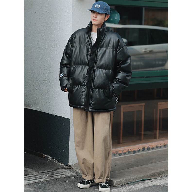 冬季男女外套加绒加厚休闲运动棉服立领PU皮棉衣8116-P135控价188图片